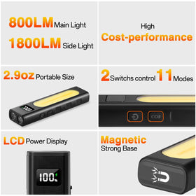 Huccbs rechargeable flashlight side light delivers 1800 lumens for wide-area visibility.