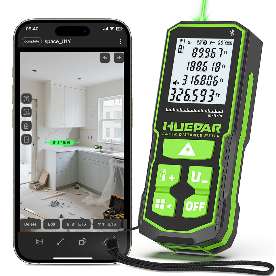 Huepar 330ft green laser with app control enables quick measurements on site.