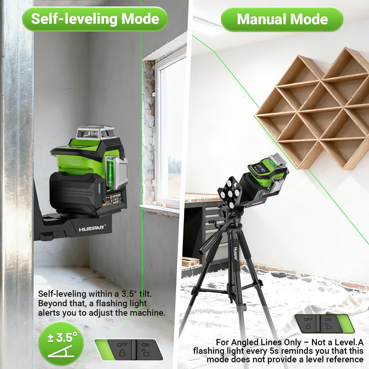 Huepar 360 laser level 360° horizontal line with vertical plane visualization on wall.
