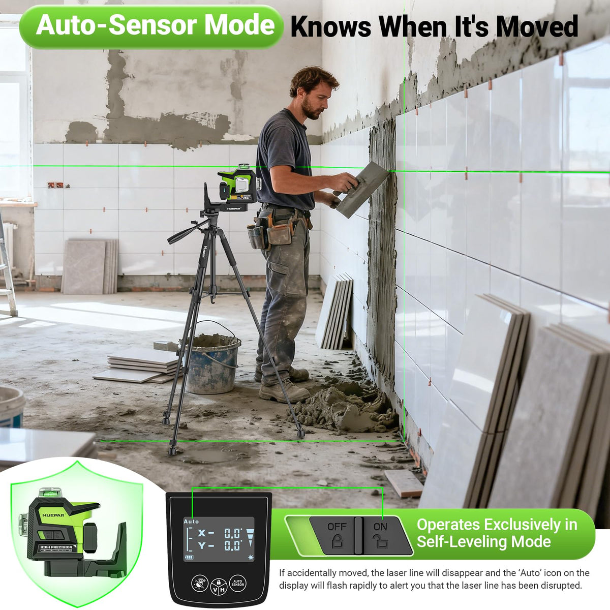 Huepar 360 laser level outdoor pulse mode enables receiver pairing for outdoors.