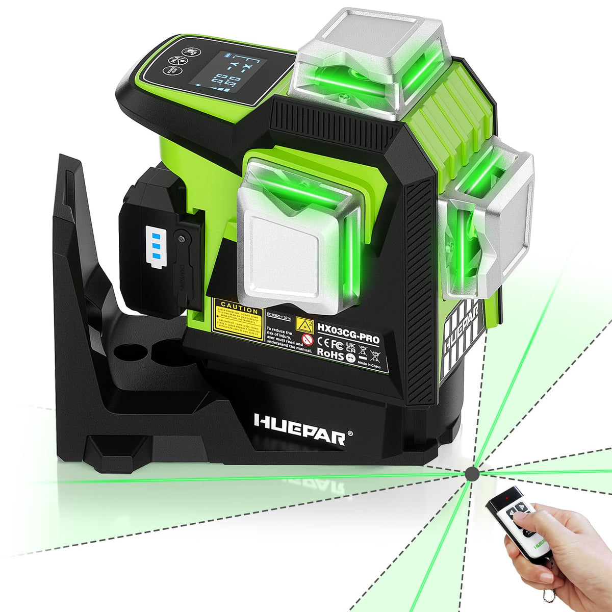 Huepar 360 laser level with remote control for precise alignment from a distance.