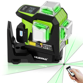 Huepar 360 laser level with remote control for precise alignment from a distance.
