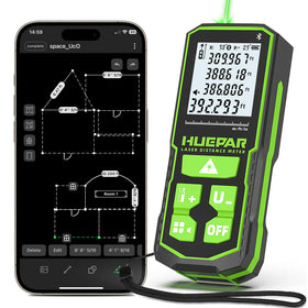 Huepar 395ft green laser front view showing bright beam for precise distances