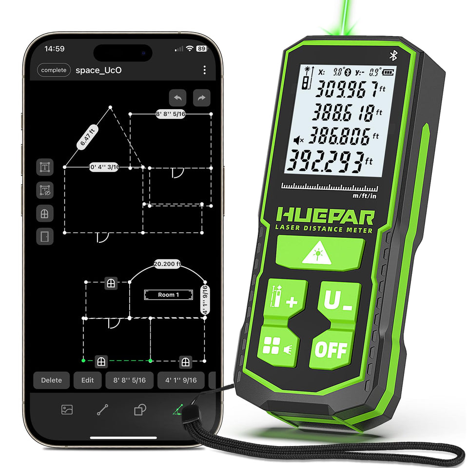 Huepar 395ft green laser front view showing bright beam for precise distances