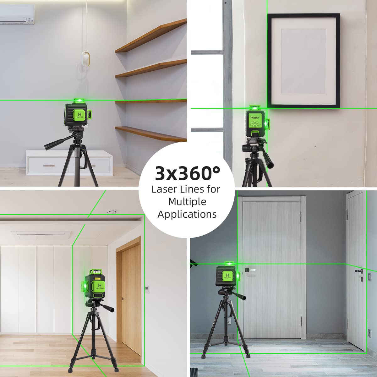 Huepar 3x360 green laser lines projecting on wall for layout