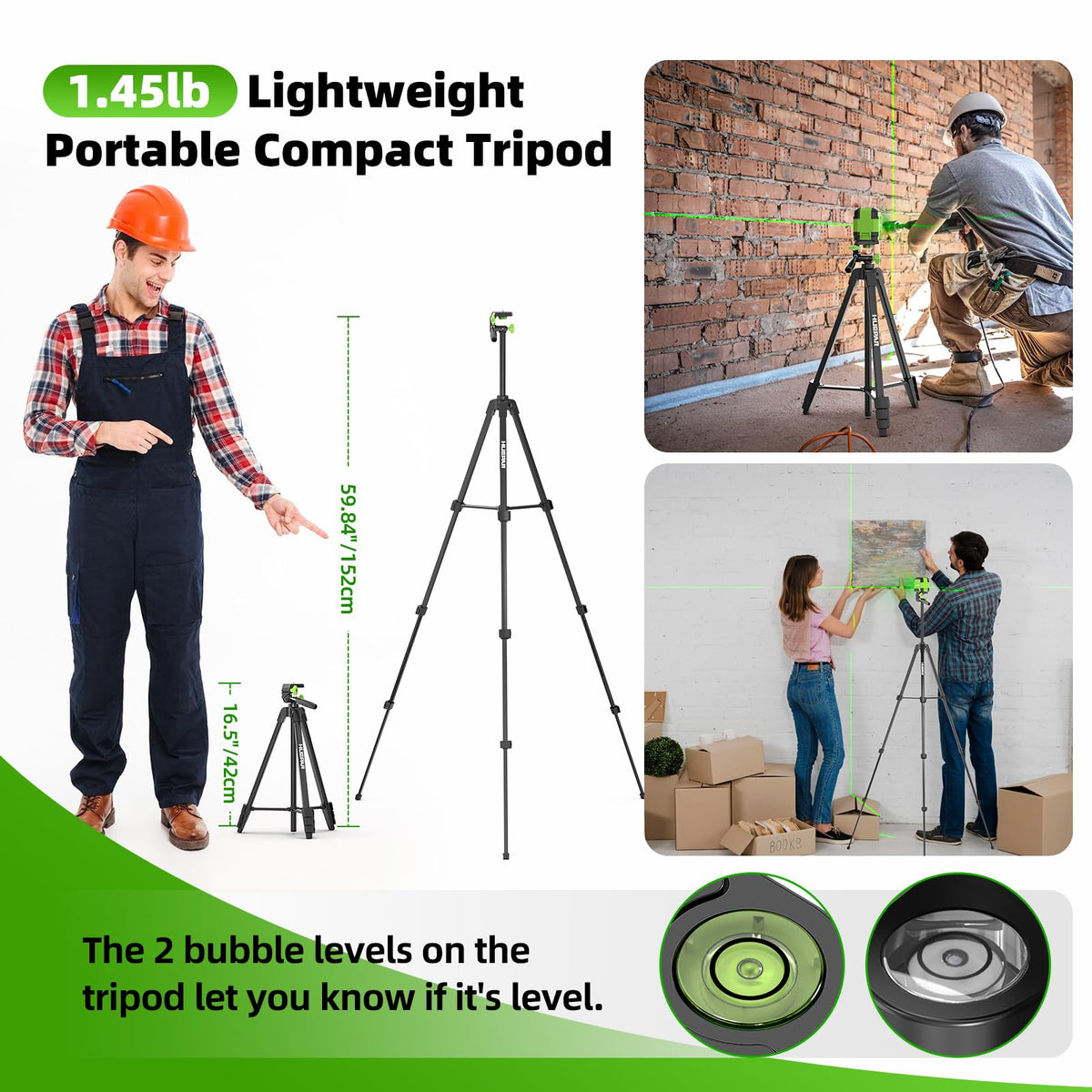 Huepar 60in aluminum tripod extended for versatile height measurements