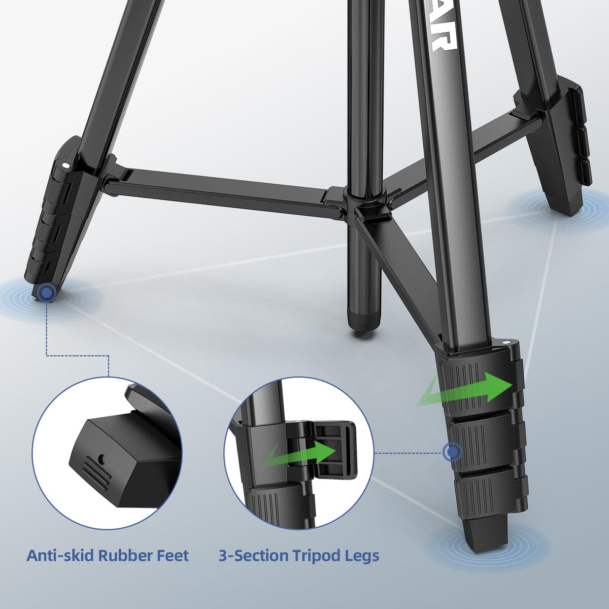 Huepar tripod with non-slip feet stabilizes indoor setups