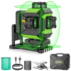 Huepar 704CG with 4x360 green laser lines for ceiling, wall, and floor layouts.