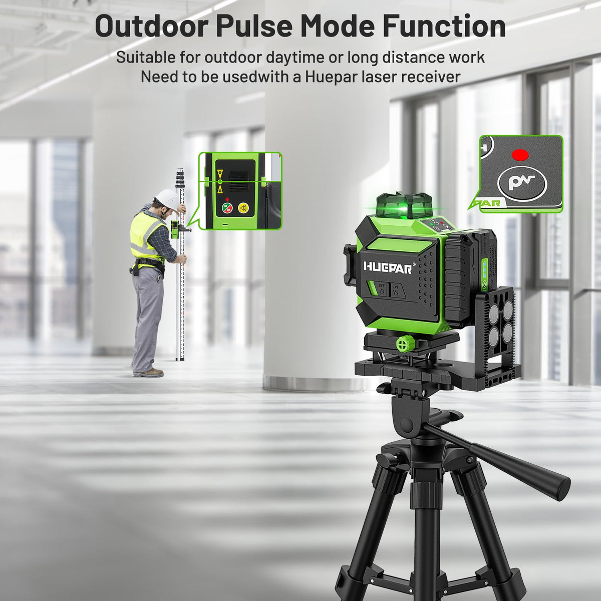 Huepar 704CG outdoor pulse mode extends range with a line receiver.