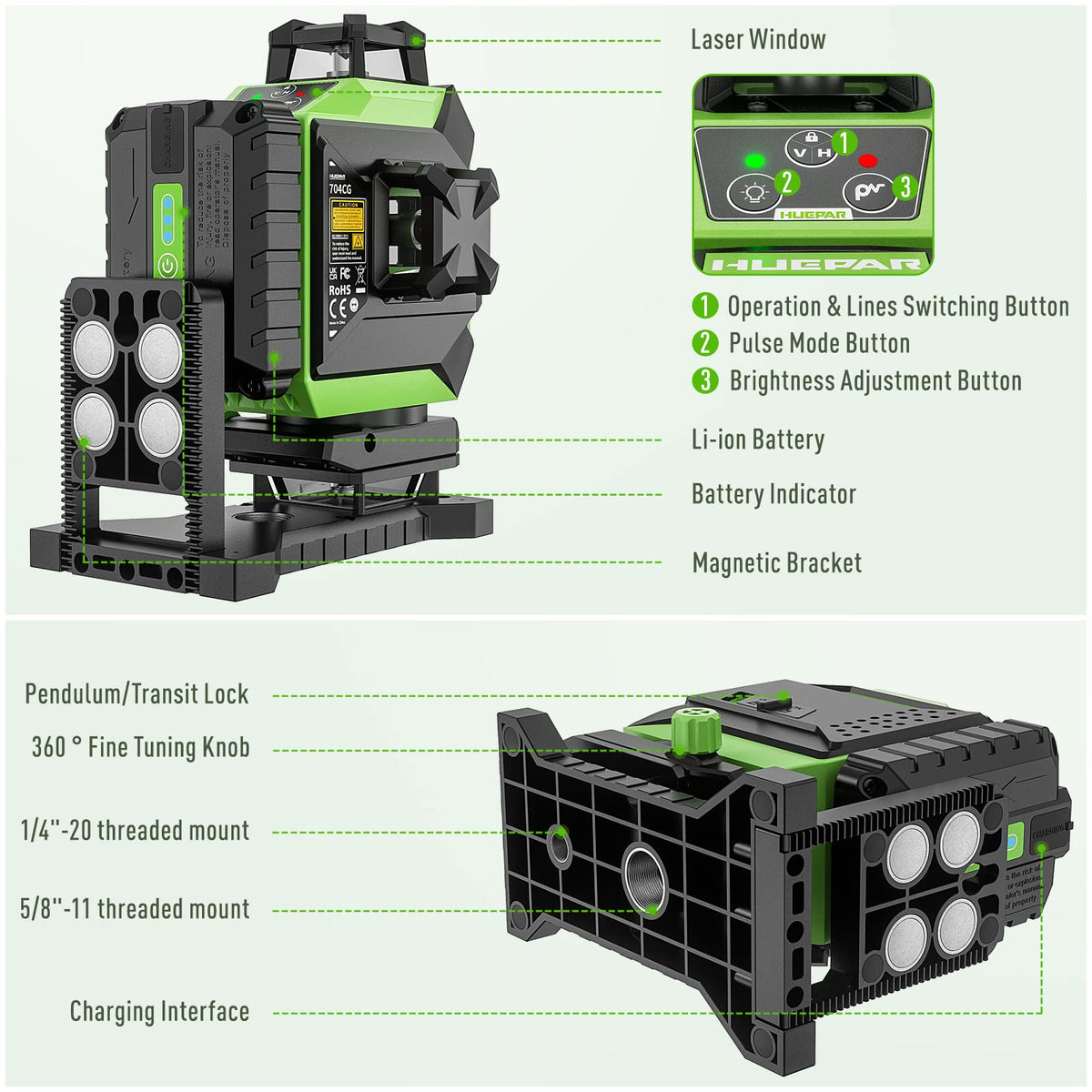 Huepar 704CG quick setup with HV buttons for individual line selection.