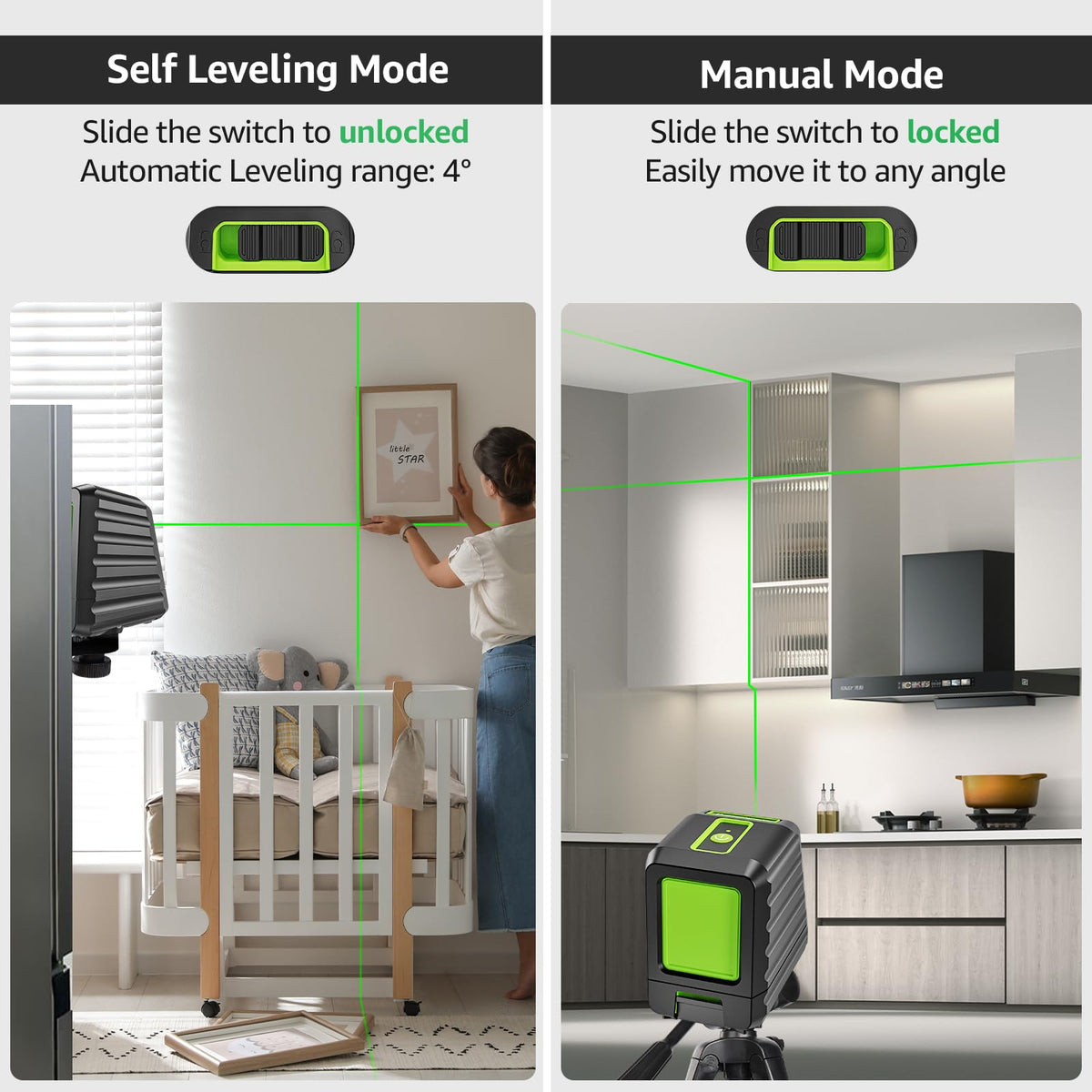 Huepar Box-1G self-leveling mode maintains level lines for accurate layout.