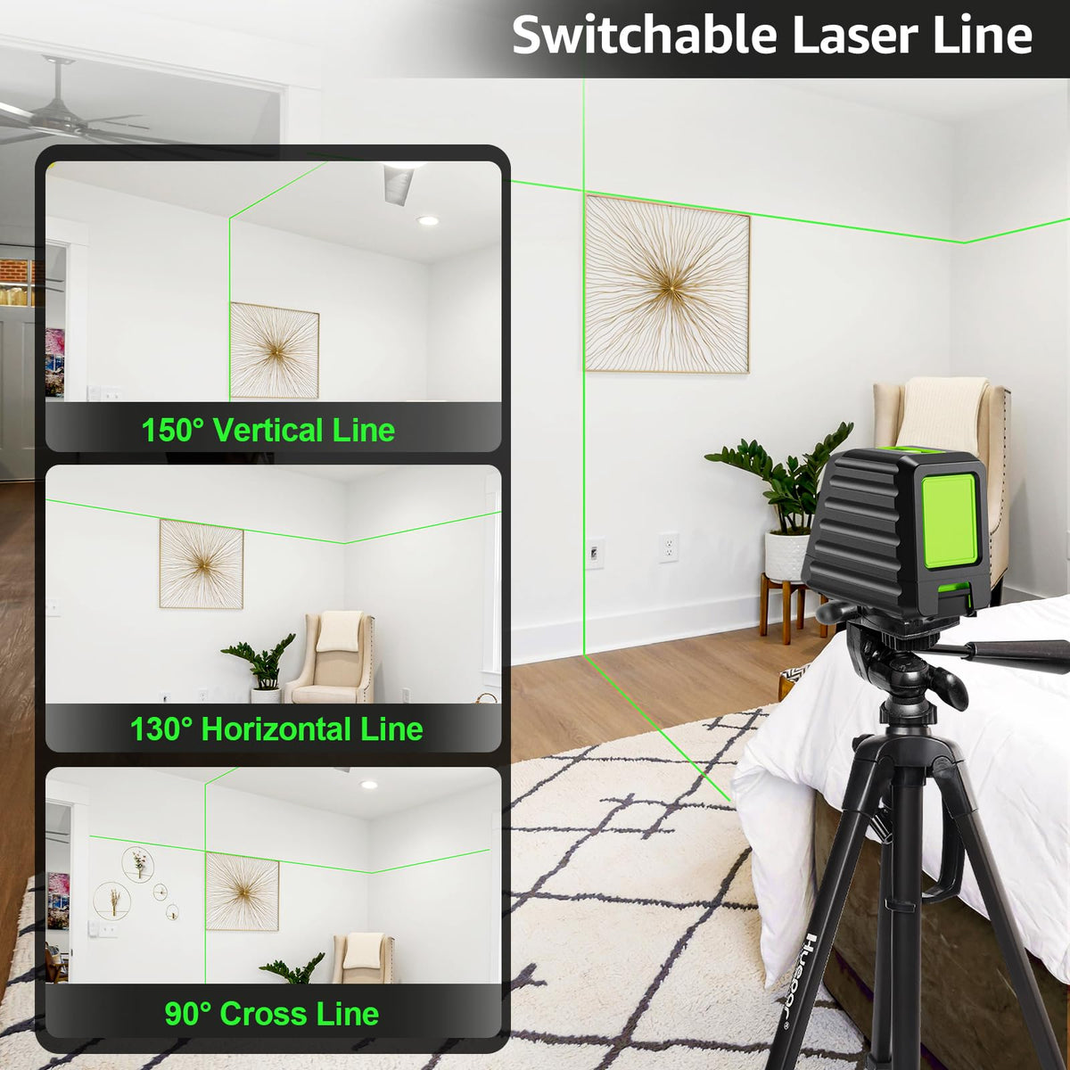 Huepar Box-1G 150-degree vertical line guides tile and wall layouts.