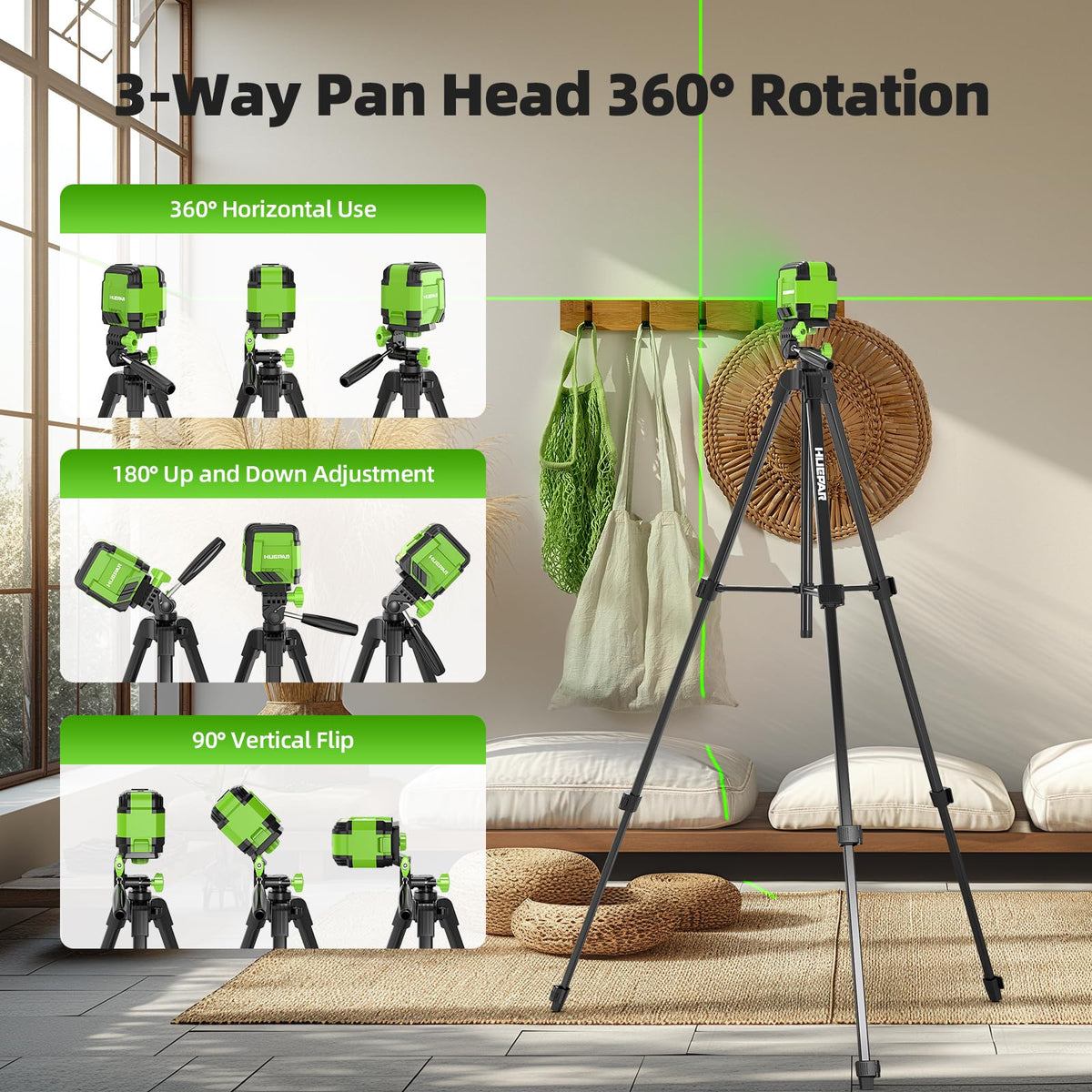 Huepar cross-line setup showing horizontal and vertical lines for quick alignment