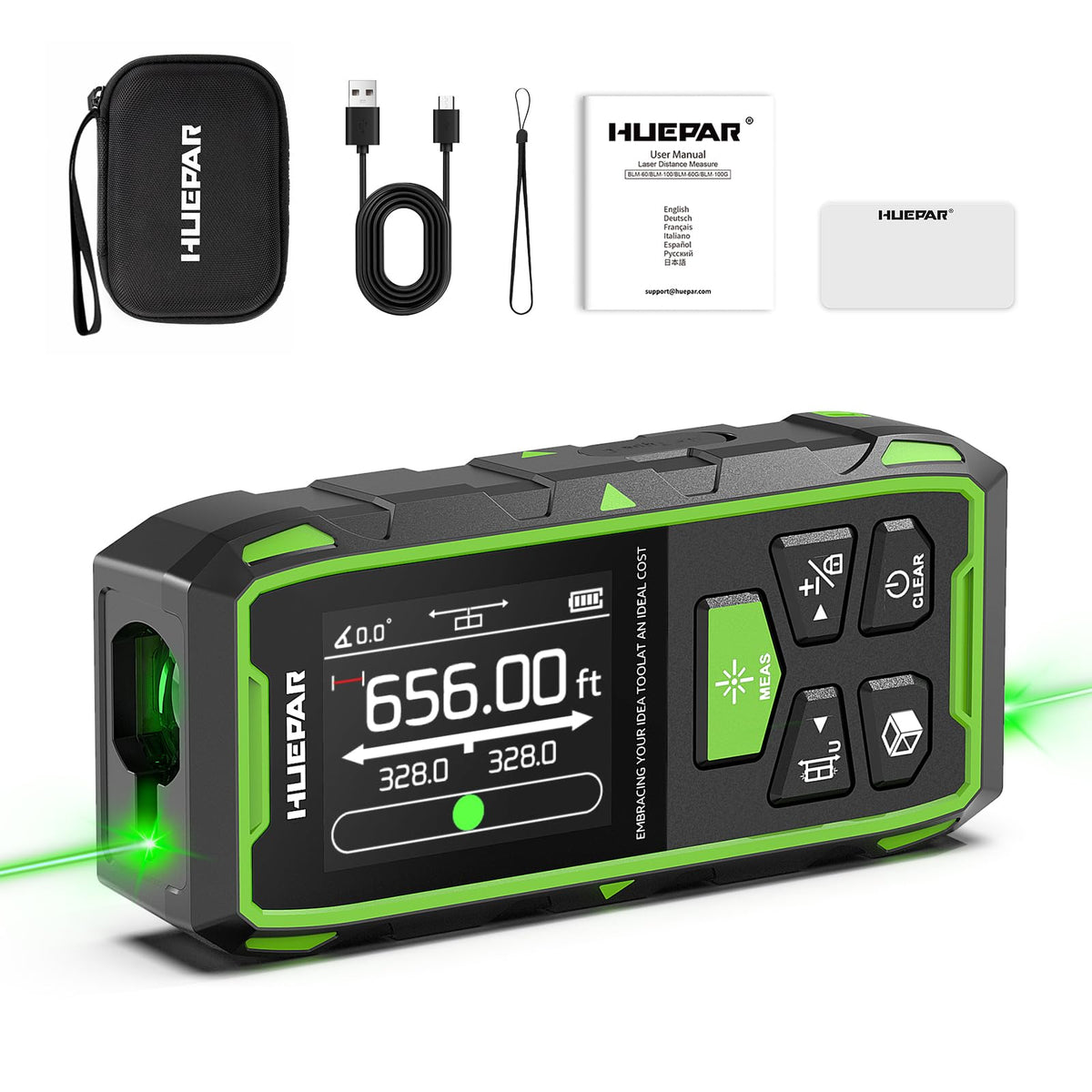 Huepar dual laser measuring tool front view for quick, precise measurements.