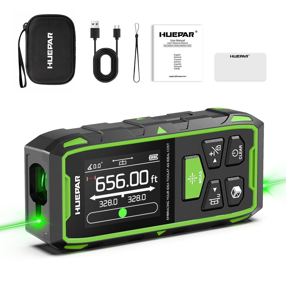 Huepar dual laser measuring tool front view for quick, precise measurements.