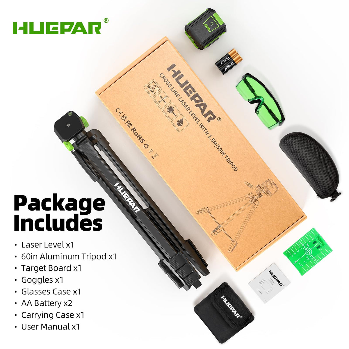 Huepar instruction manual and included goggles for safe setup