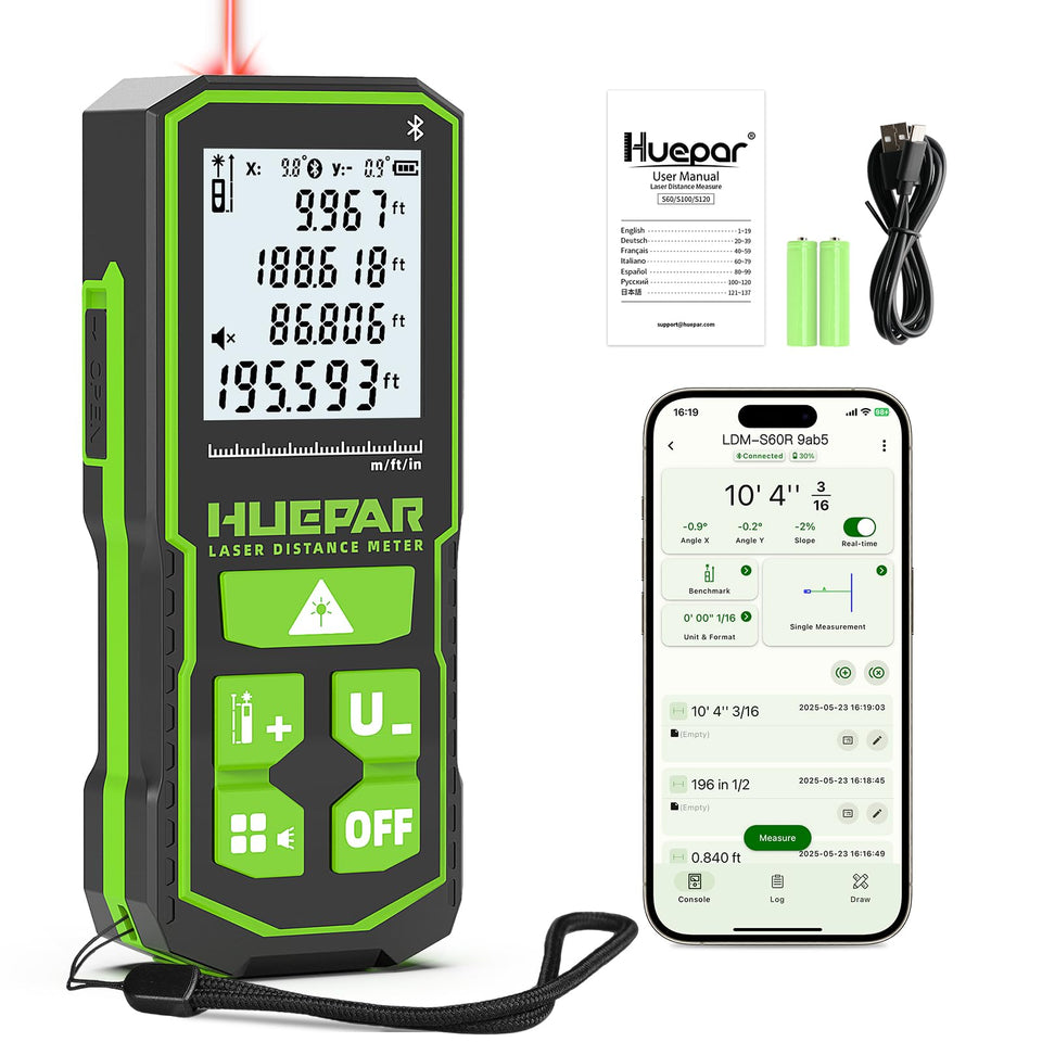 Huepar Laser Distance Measure front view with 200 ft range for precise room planning