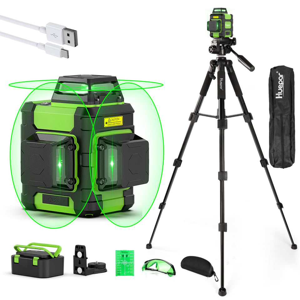 Huepar 360 laser level with horizontal and vertical beams for precise alignment