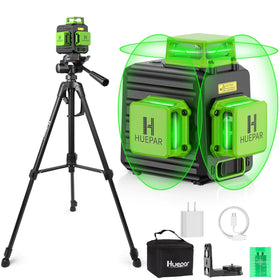 Huepar 360 laser level on tripod showing self leveling for precise layout