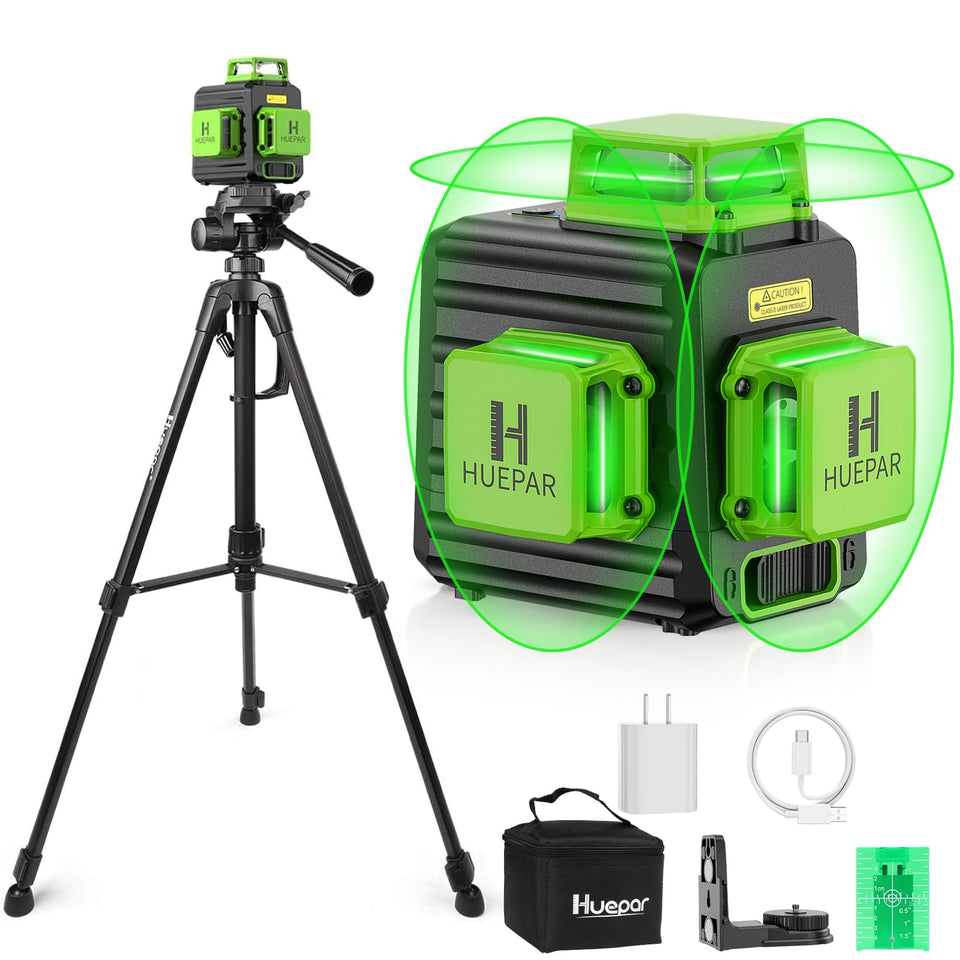 Huepar 360 laser level on tripod showing self leveling for precise layout