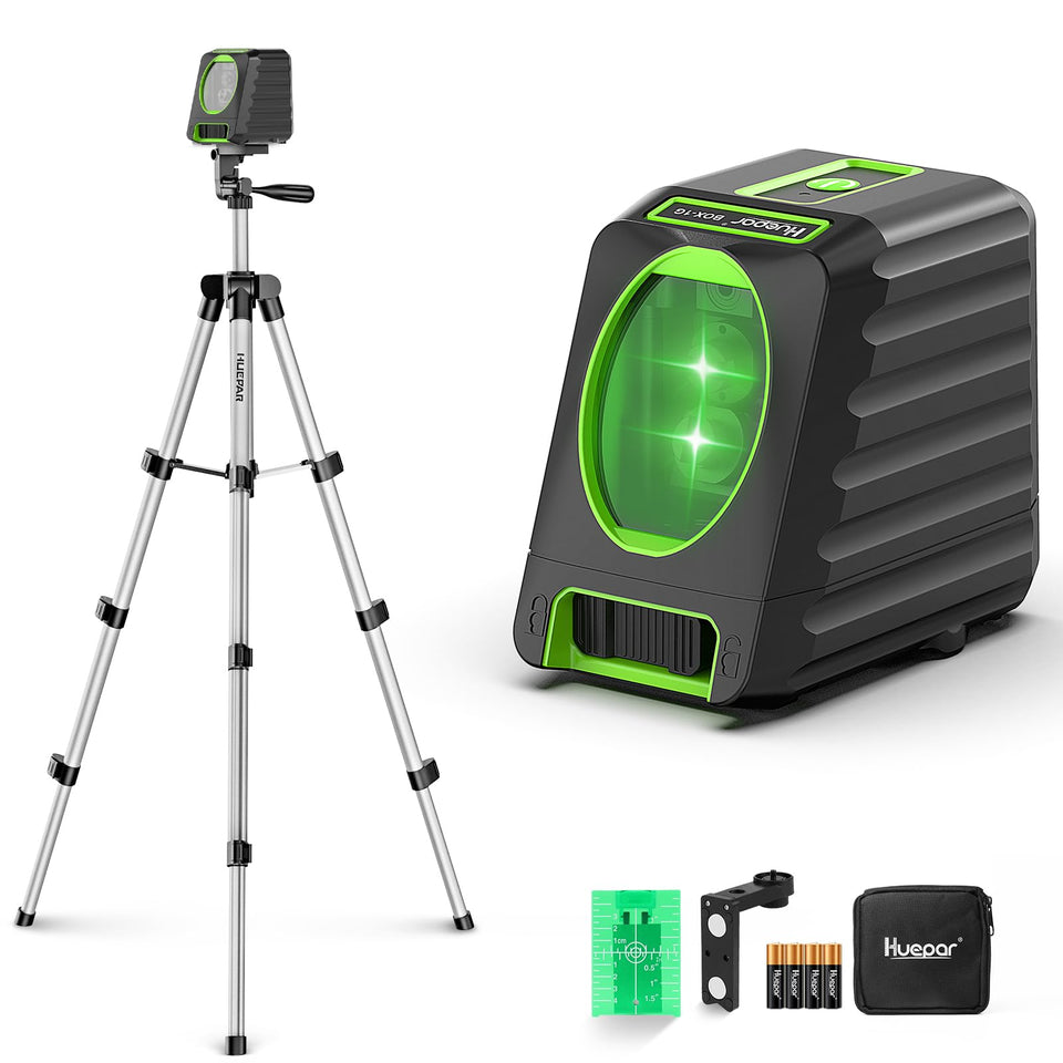 Huepar laser level with 40-inch tripod for precise indoor alignment.