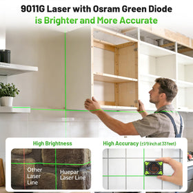 Huepar laser level bright green beam improves visibility in dim rooms.
