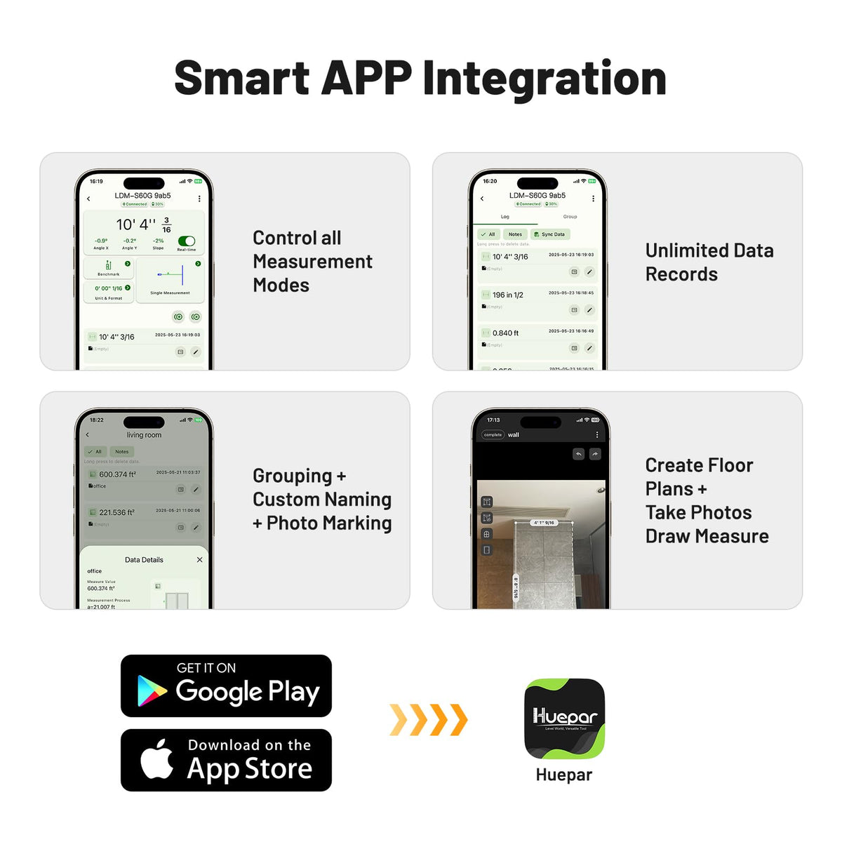 Huepar tool with Bluetooth app sync for quick data transfer