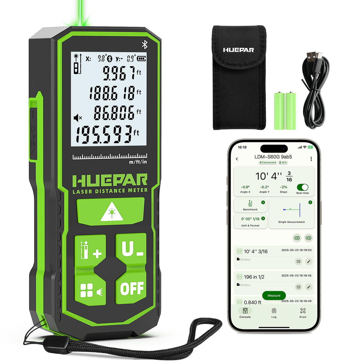 Huepar laser measuring tool with green beam enhances readability at 200ft