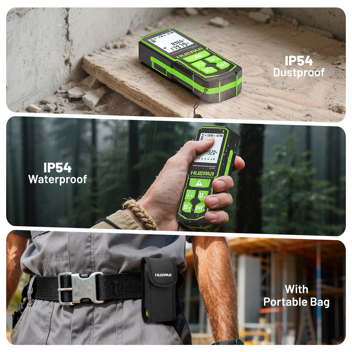 Huepar measurement modes support distance, area, and volume