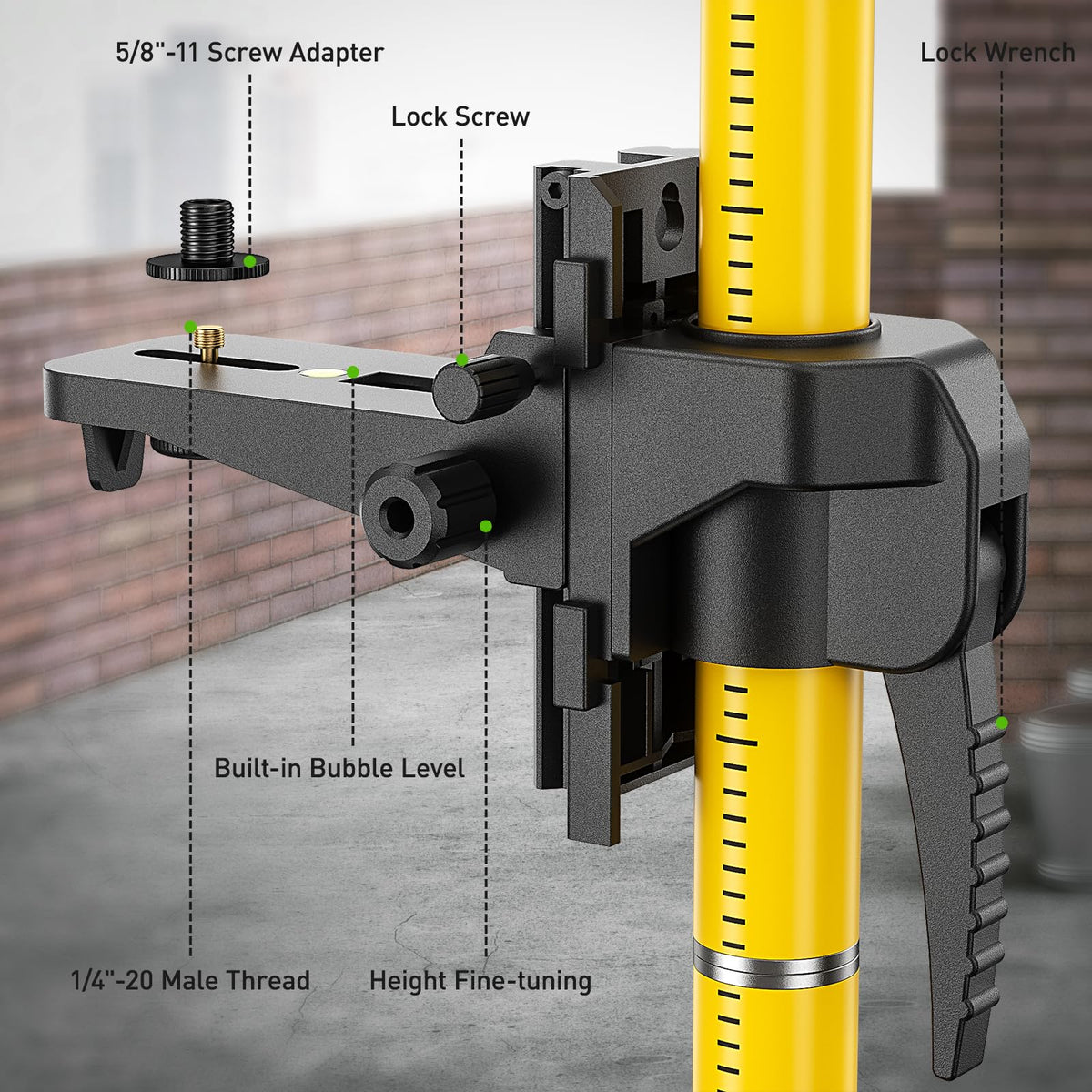 Huepar LP36A tripod with bubble level ensures stable setup on uneven surfaces.