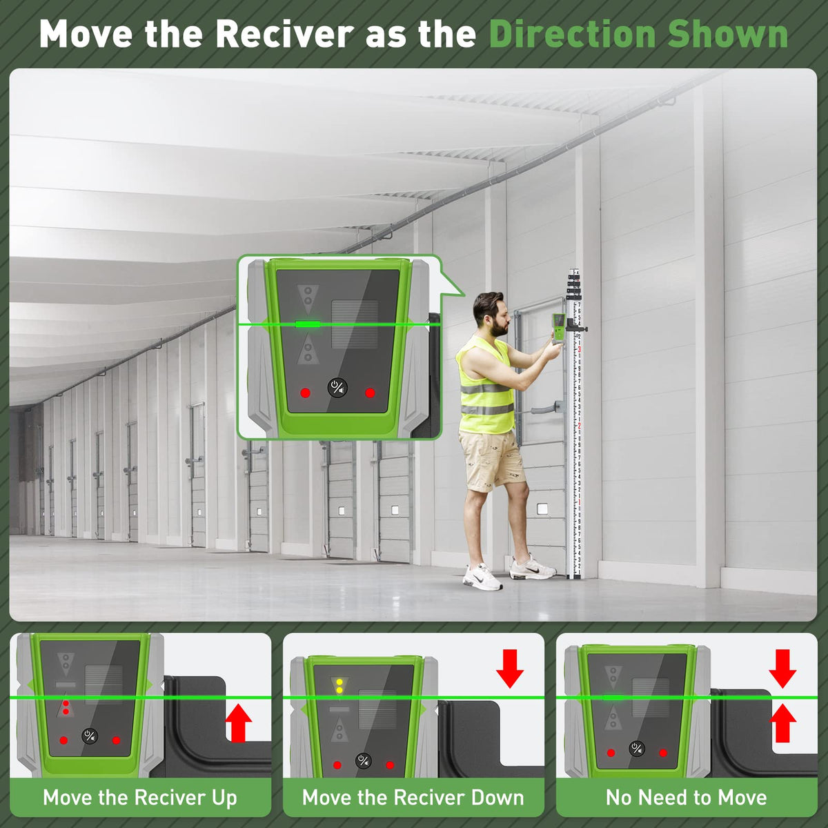 Huepar LR-8RG double-sided bubble aids quick horizontal checks.