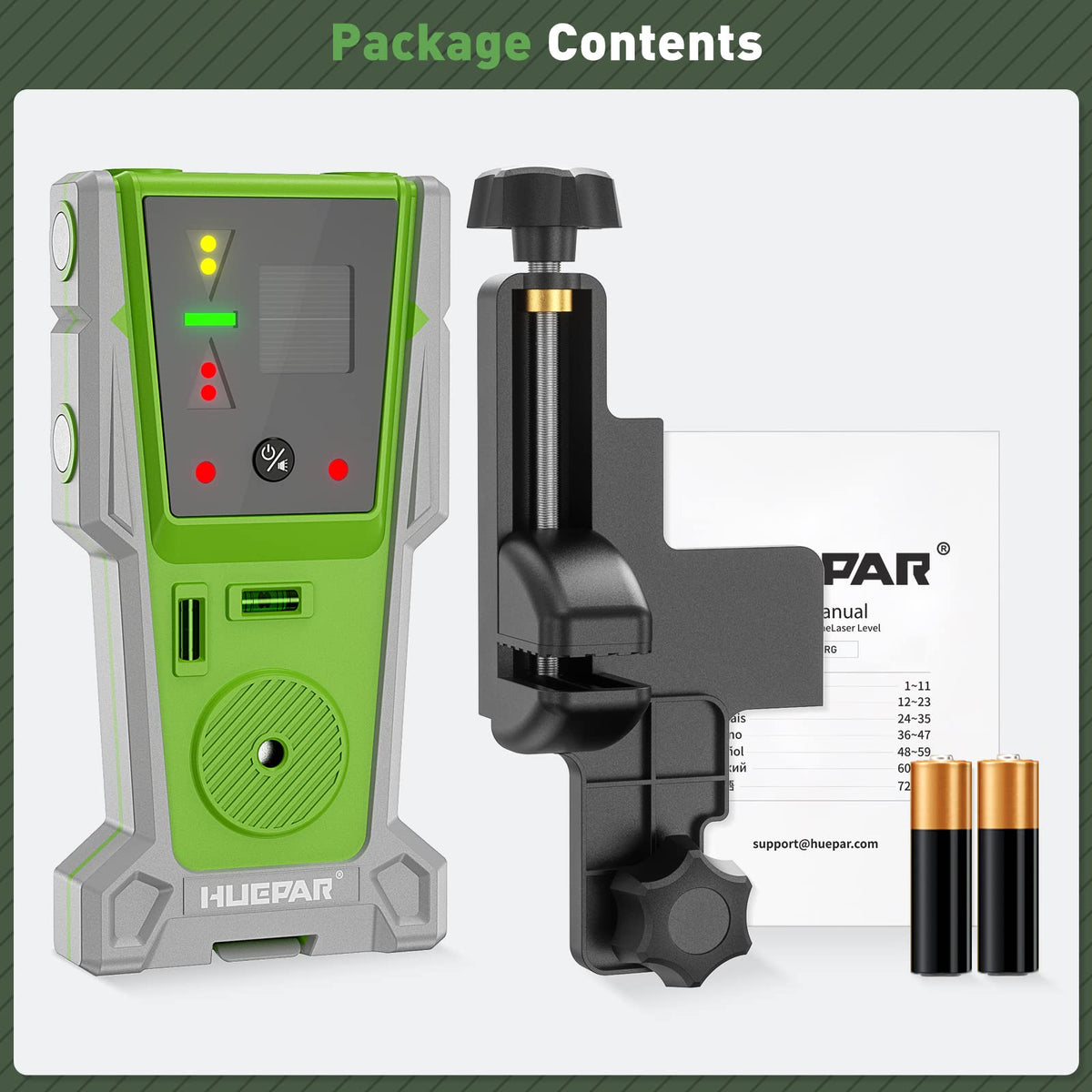 Huepar LR-8RG kit includes magnet, clamp, and case.