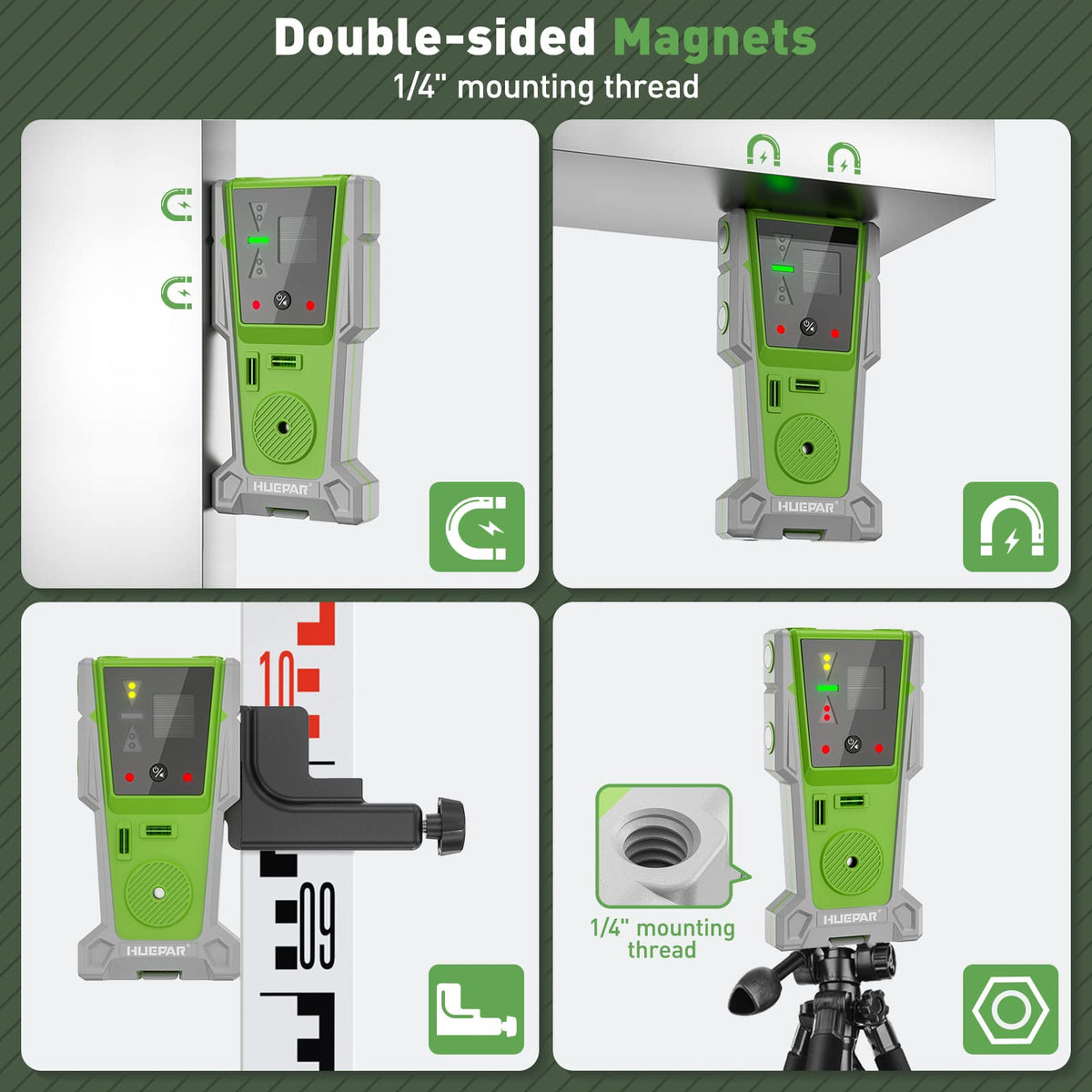 Huepar LR-8RG magnet and clamp enable secure mounting.