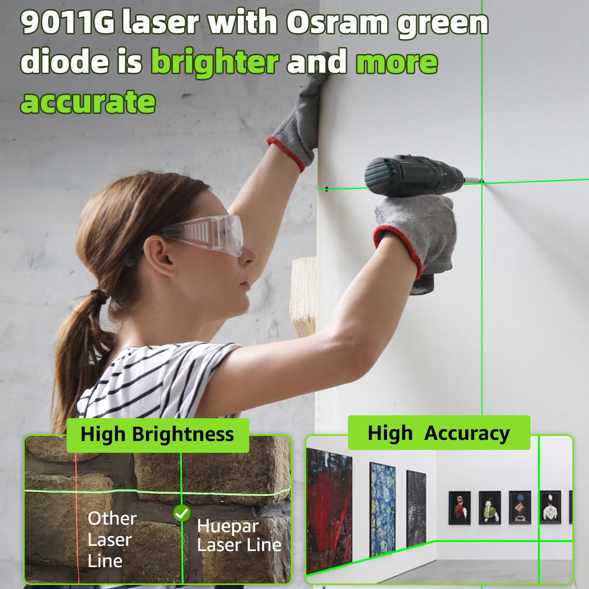 Huepar M-9011G self-leveling mode quickly creates level lines on walls