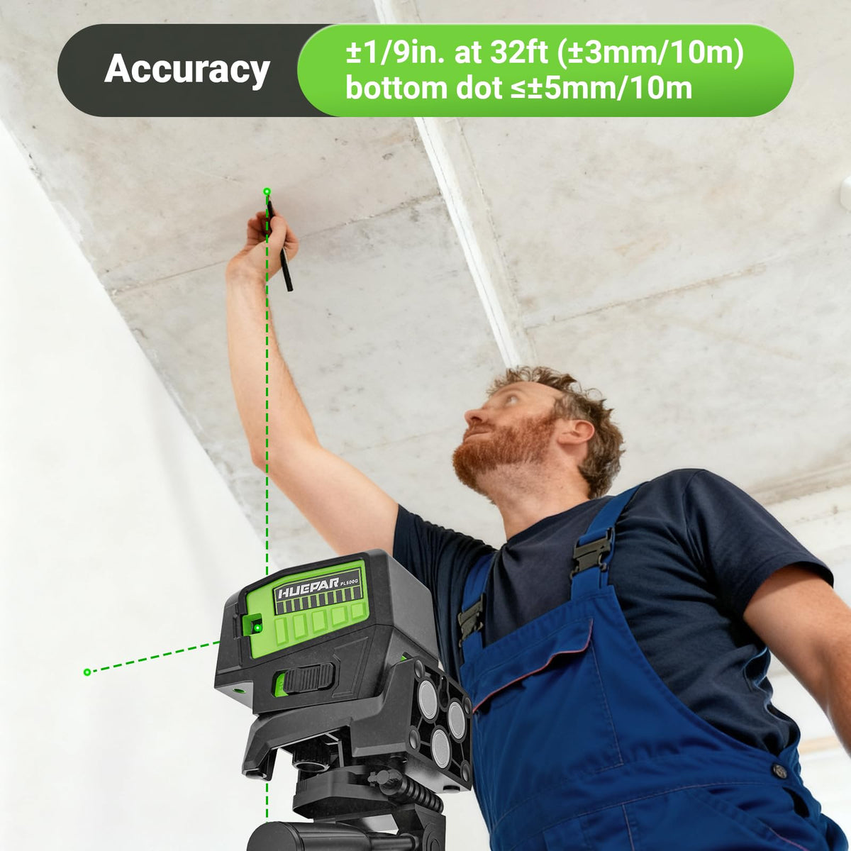 Huepar PL500G 5-point laser level projecting reference points clearly