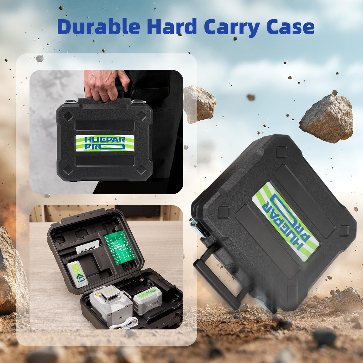 Huepar Pro carrying case keeps laser, battery and accessories organized.