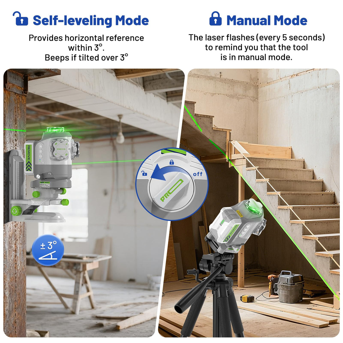 Huepar Pro GS03CG self-leveling plus manual mode for diverse layouts.