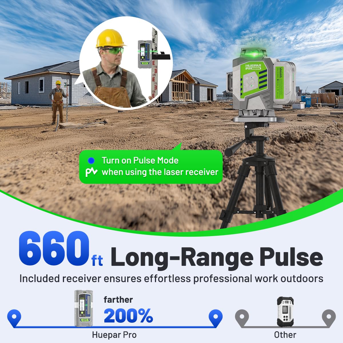 Huepar Pro laser level remote control enabling hands-free alignment.