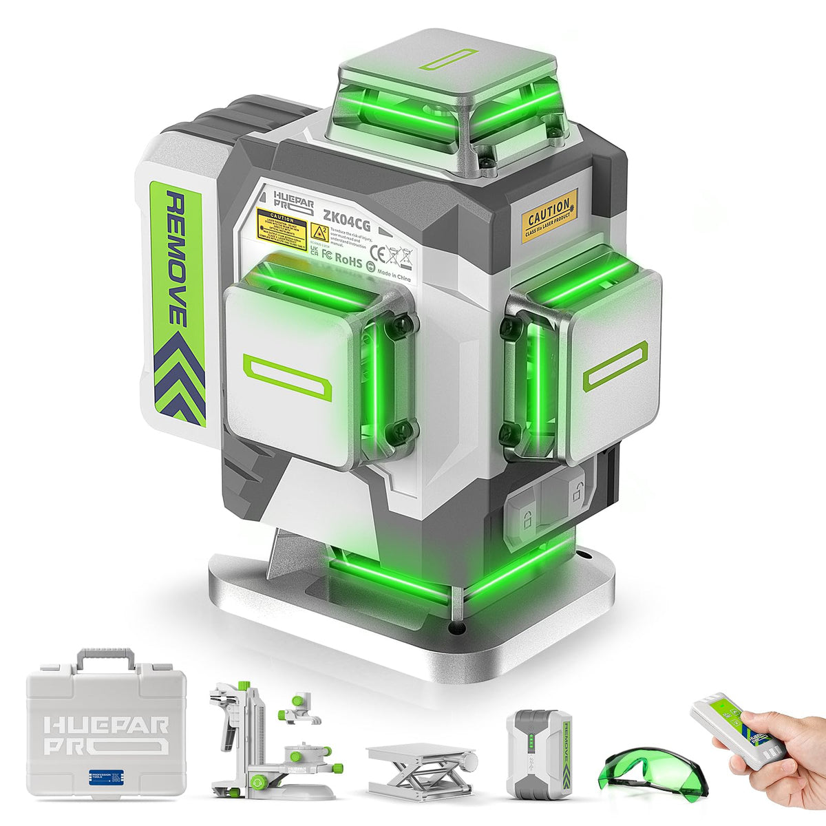 Huepar Pro ZK04CG with 360-degree green cross beams for quick layout visibility