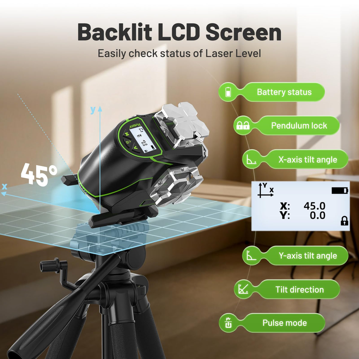 Huepar S04CG 360-degree laser lines illuminate full room layout across ceilings and floors