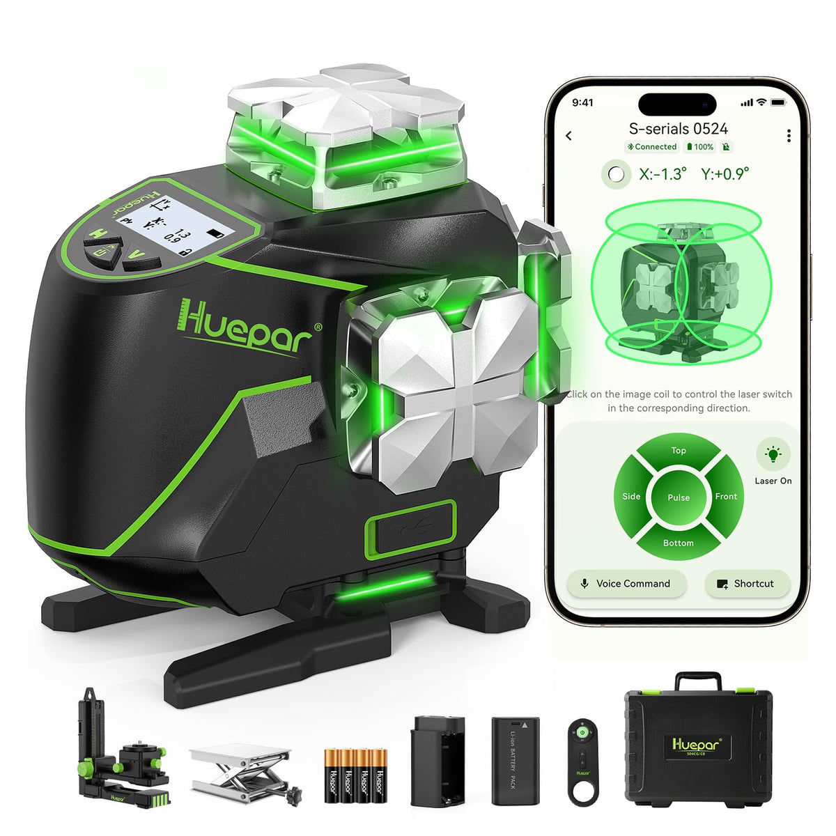 Huepar S04CG laser level setup shows 360° layout for precise room planning