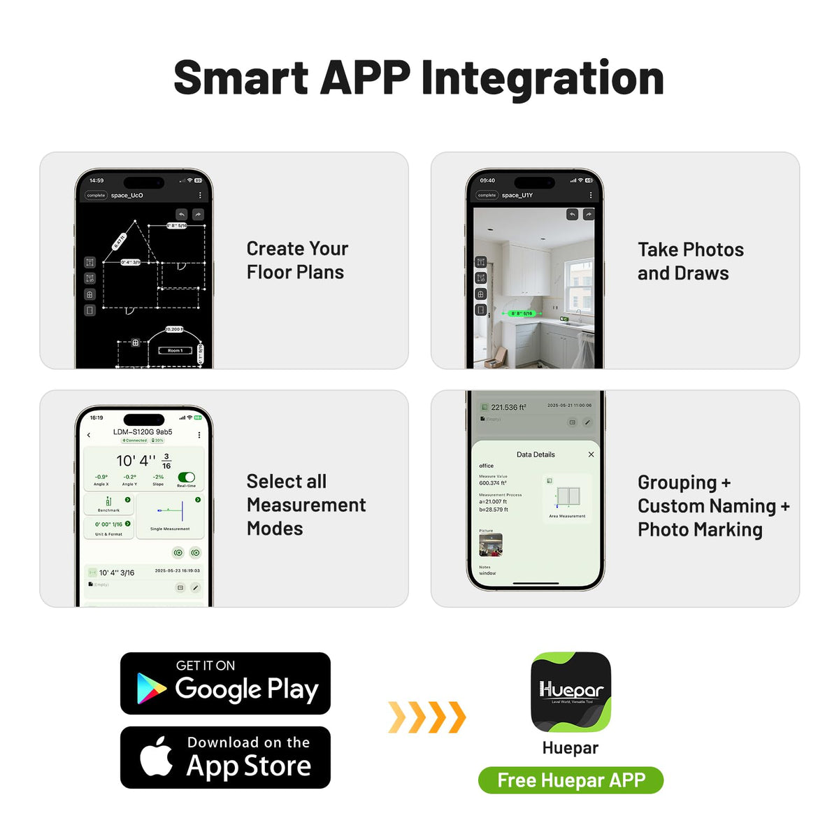 Huepar smart app control screen illustrating data sync and sketches