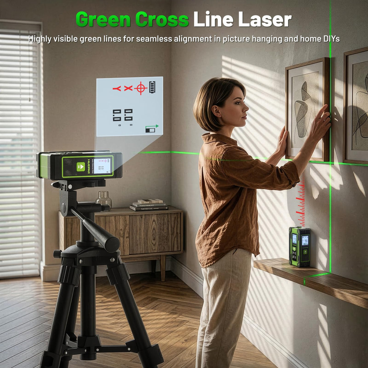 Huepar TLM60 green cross-line laser helps easy alignment.