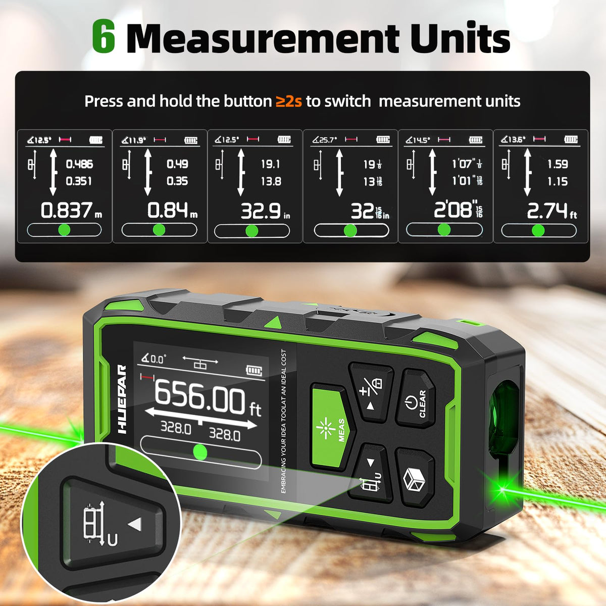Huepar 1/4-inch tripod mount enables stable setups for accurate reads.