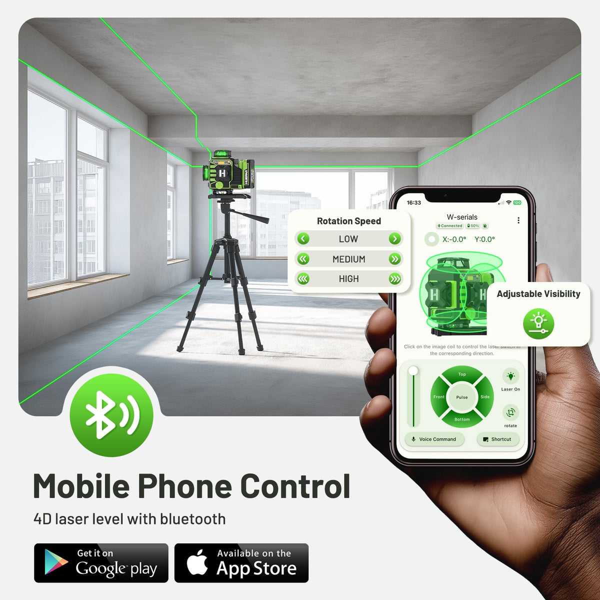 Huepar W04CG Bluetooth app control for wireless laser management.