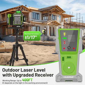 Huepar W04CG four 360° green lasers provide full-room visibility for quick layouts.