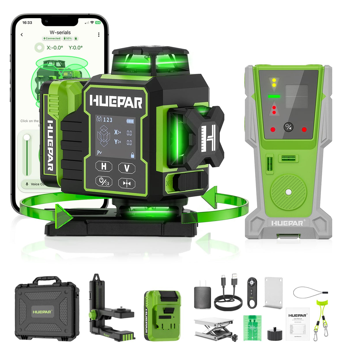 Huepar W04CG outdoor-range receiver enabling precise long-distance alignment on job sites.