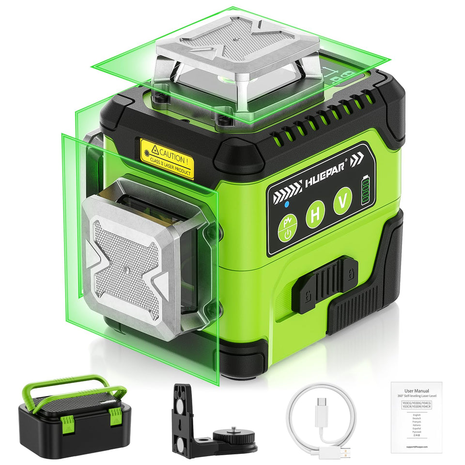 Huepar Y03CG 360-degree laser top view showing compact design for precise alignment