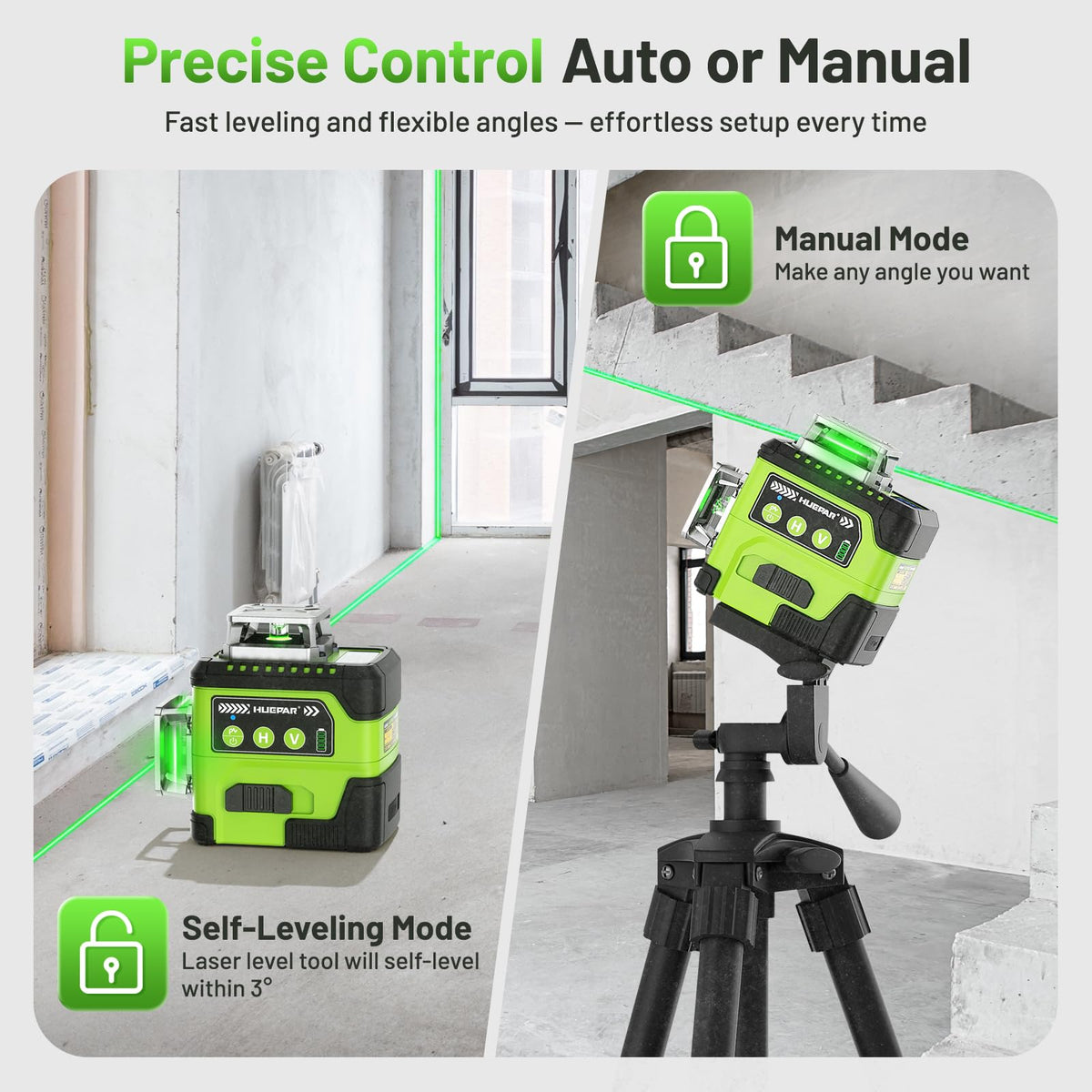 Huepar Y03CG self-leveling manual mode for flexible setups