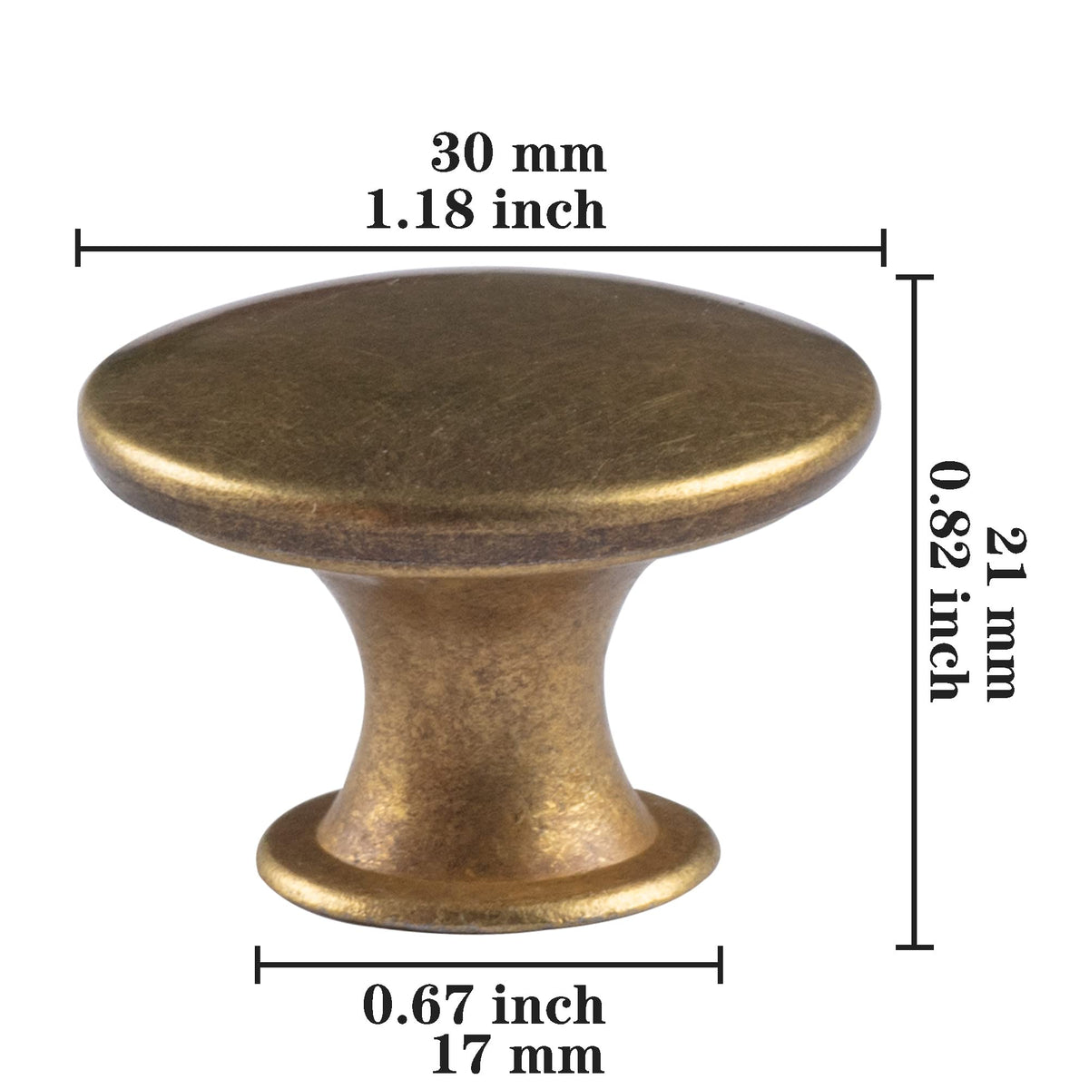 HUGOLEM brass round knob side view ergonomic profile on cabinet